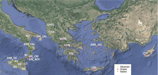 Map of the sampling locations included in the study, with presence of Albanian, Greek or Italian languages.