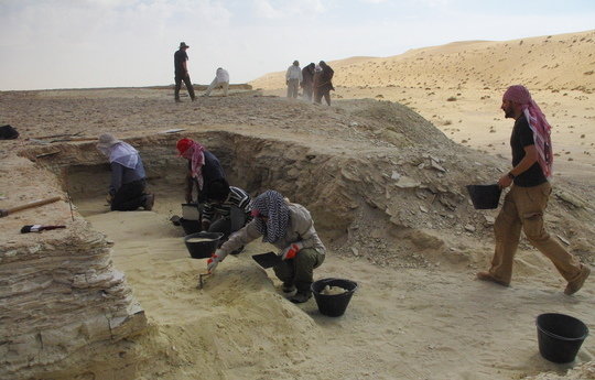 Excavations along ancient lake shorelines in Saudi Arabia. New excavations will examine past environments and assess when early human populations migrated across Arabia.