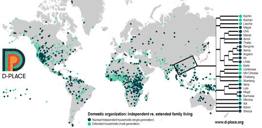 <br />
<p>Powerful new phylogenetic comparative methods can be applied to D-Place, a massive open-access database of places, language, culture and environment, and other databases in order to reconstruct the history of cultures and test theories about major transitions in human history. The map here shows the global distribution of independent vs. extended family living. </p>