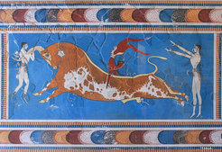 The Bull-Leaping-Fresco from the Great Palace at Knossos, Crete. (The original is located at Heraklion Archaeological Museum, Crete.)