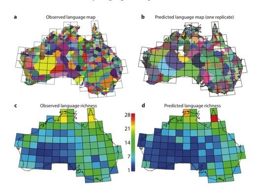 <span class="caption">A simulation model based on a few simple processes predicts much of the geographic variation in language diversity in Australia.</span>