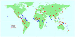 Map showing languages used for the study: creoles (in blue) and non-creoles (in red).