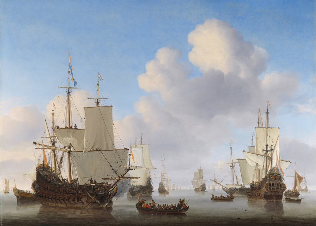 Dutch men-o'-war and other shipping in a calm. By Willem van de Velde the Younger, c. 1665.
