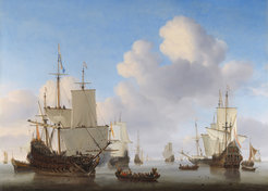 Dutch men-o'-war and other shipping in a calm. By Willem van de Velde the Younger, c. 1665.