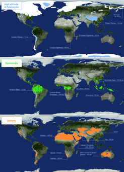Map showing the youngest suggested dates of persistent occupation of the different environmental extremes discussed by our species based on current evidence.