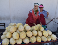 Venders in every Central Asian bazaar sell a diverse array of melons. These two women in the Bukhara bazaar are selling a variety akin to the famous Hami melons of Xinjiang. There is a great deal of regional pride associated with specific varieties of landrace melons.