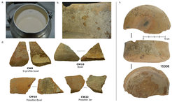 Beispiele von Kalkablagerungen in modernen und prähistorischen Gefäßen in Çatalhöyük. a) Kalkablagerungen in einem heute nahe Çatalhöyük verwendeten Topf für das Erhitzen von Teewasser. b) Detailansicht von Kalkablagerungen an einer prähistorischen Scherbe. c) Ein fast vollständig erhaltenes Gefäß (nicht in dieser Studie analysiert) von der gleichen Gefäßart wie Scherben aus dieser Studie. d) Eine Auswahl von vier in dieser Studie analysierten Scherben mit Kalkablagerungen an der Innenseite.