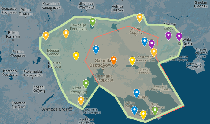 Zentralmazedonien (das Gebiet der ersten Studie): (1) Mögliche Stellen für wissenschaftliche Studien; (2) Gebiet, das durch byzantinische Archive abgedeckt wird (rot); (3) Gebiet, dass durch Osmanische Steuerregister abgedeckt wird (grün).