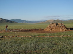 Late Bronze Age burial mounds known as khirigsuurs are associated with early pastoralists in Mongolia.