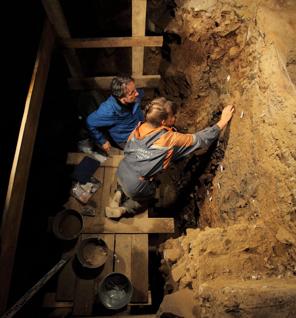 Natalia Belousova (Russian Academy of Sciences) and Tom Higham (University of Oxford) taking samples from the Main Chamber at Denisova Cave.