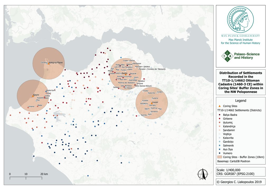 Distribution of settlements recorded in the TT10-1/14662 Ottoman Cadastre (1460-3CD) within coring sites' buffer zones in the northwest Peloponnese.