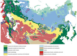 Geographic locations of the Eneolithic Botai, groups including newly sampled individuals, and nearby groups with published data. The map is overlayed with ecoregional information, divided into 14 biomes downloaded from https://ecoregions2017.appspot.com/ (credited to Ecoregions 2017 © Resolve).