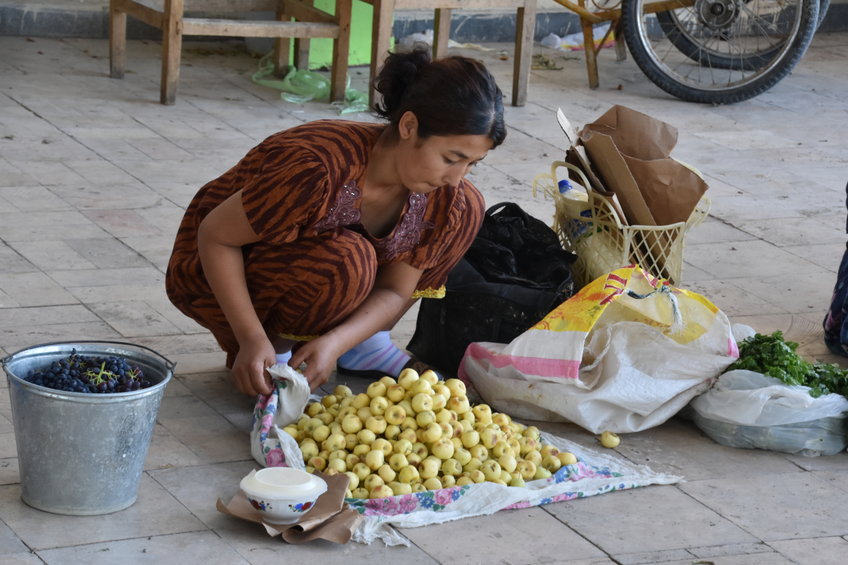 Venders in every Central Asian bazaar sell a diverse array of apples. This woman in the Bukhara bazaar is selling a variety of small sweet yellow apples, which she locally cultivated in Uzbekistan. Some of the fruits sold in these markets today travel great distances, similar to how they would have during the peak of the Silk Road.