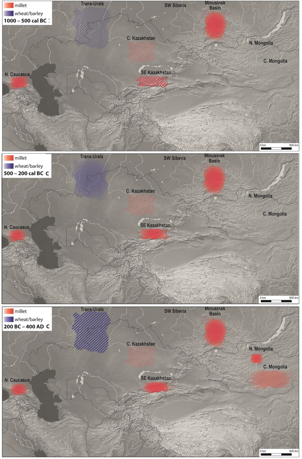 Map of millet and wheat/barley consumption over time: a) 1000-500 BC, b) 500-200 BC, and c) 200 BC-AD 400.