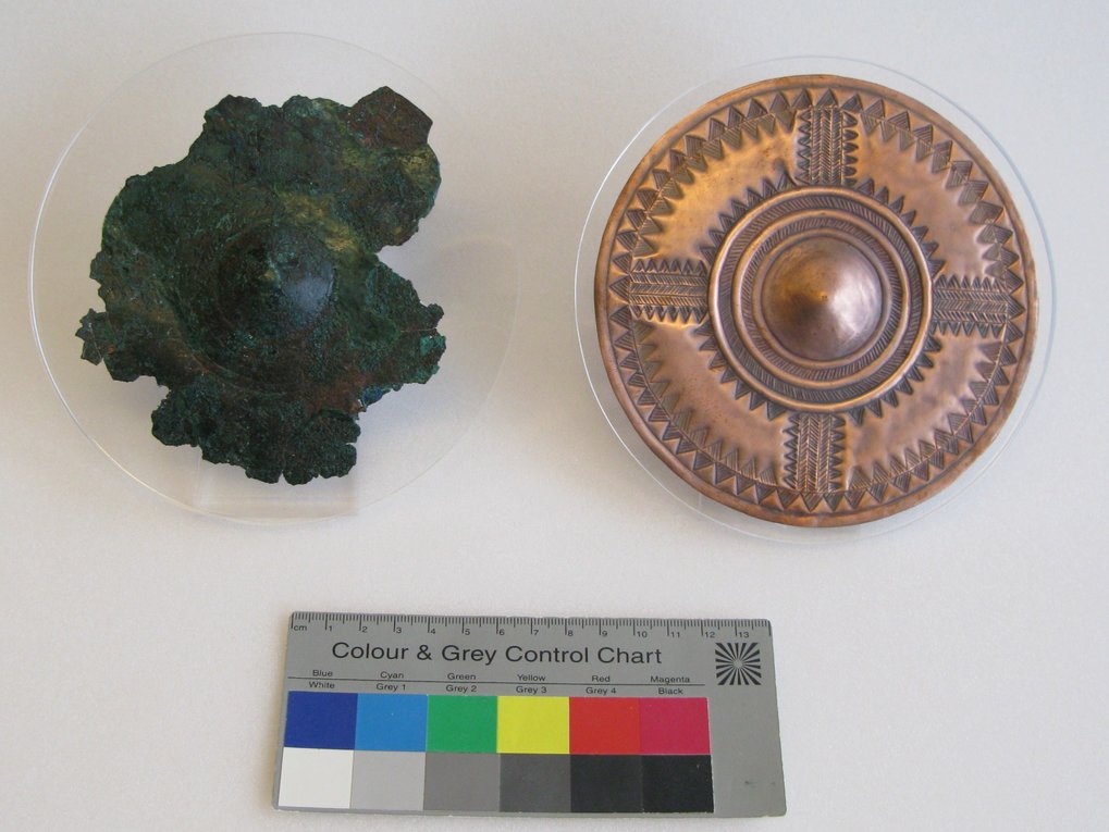 Original (left) and reconstructed (right) ornamented copper disc from a high-status female burial from the site of Kleinaitingen 