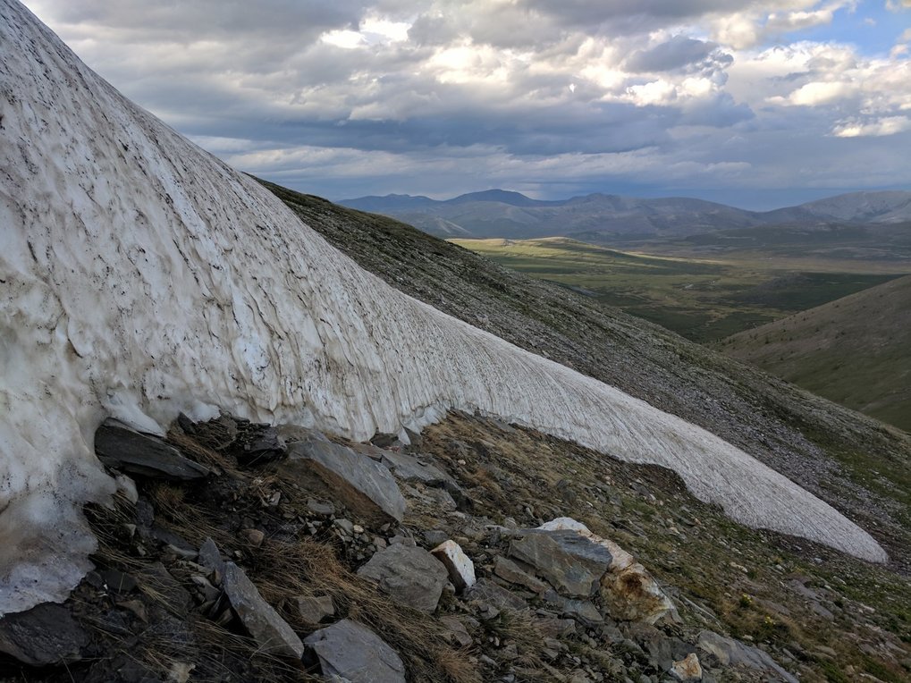 An ice patch nearing complete melt in northern Mongolia's Ulaan Taiga Special Protected Area, 2018.