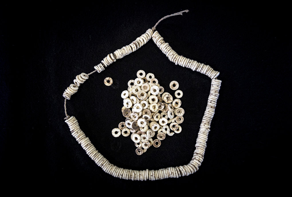 A string of modern ostrich eggshell beads from eastern Africa.