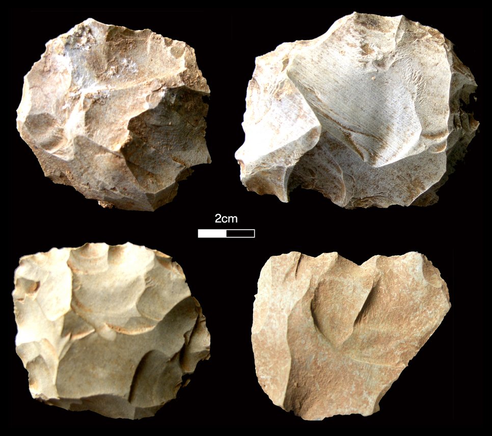 Stone tools found at the Dhaba site corresponding with the Toba volcanic super-eruption levels. Pictured here are diagnostic Middle Palaeolithic core types.