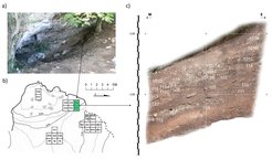 El Mazo: a) View of the rockshelter of El Mazo; b) topographic map of the rockshelter showing excavation areas and provenance of the studied samples (shaded squares) and c) stratigraphy of the inner test pit
