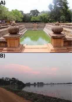 A) Part of the ancient hydraulic system of Anuradhapura. B) Parakrama Samudra tank at Polonnaruwa.