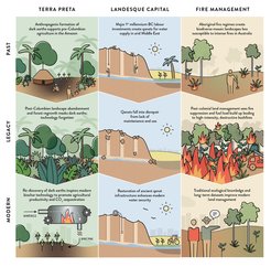 Around the world today, we can find many examples of how past cultural and technological practices and solutions are being revived to address pressing environmental and land management challenges. Examples include (left to right) mobilization of ancient terra preta (anthropogenic dark earth) technology, revitalization of landesque capital (long-term landscape investments) and adoption of traditional fire management regimes.
