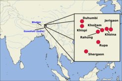 Map showing geographic locations for speakers of eight Western Kho Bwa languages.