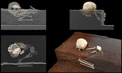 Virtuelle Rekonstruktion der Homininreste von Panga ya Saidi am Fundort (links) und ideale Rekonstruktion der ursprünglichen Position des Kindes zum Zeitpunkt des Fundes (rechts)