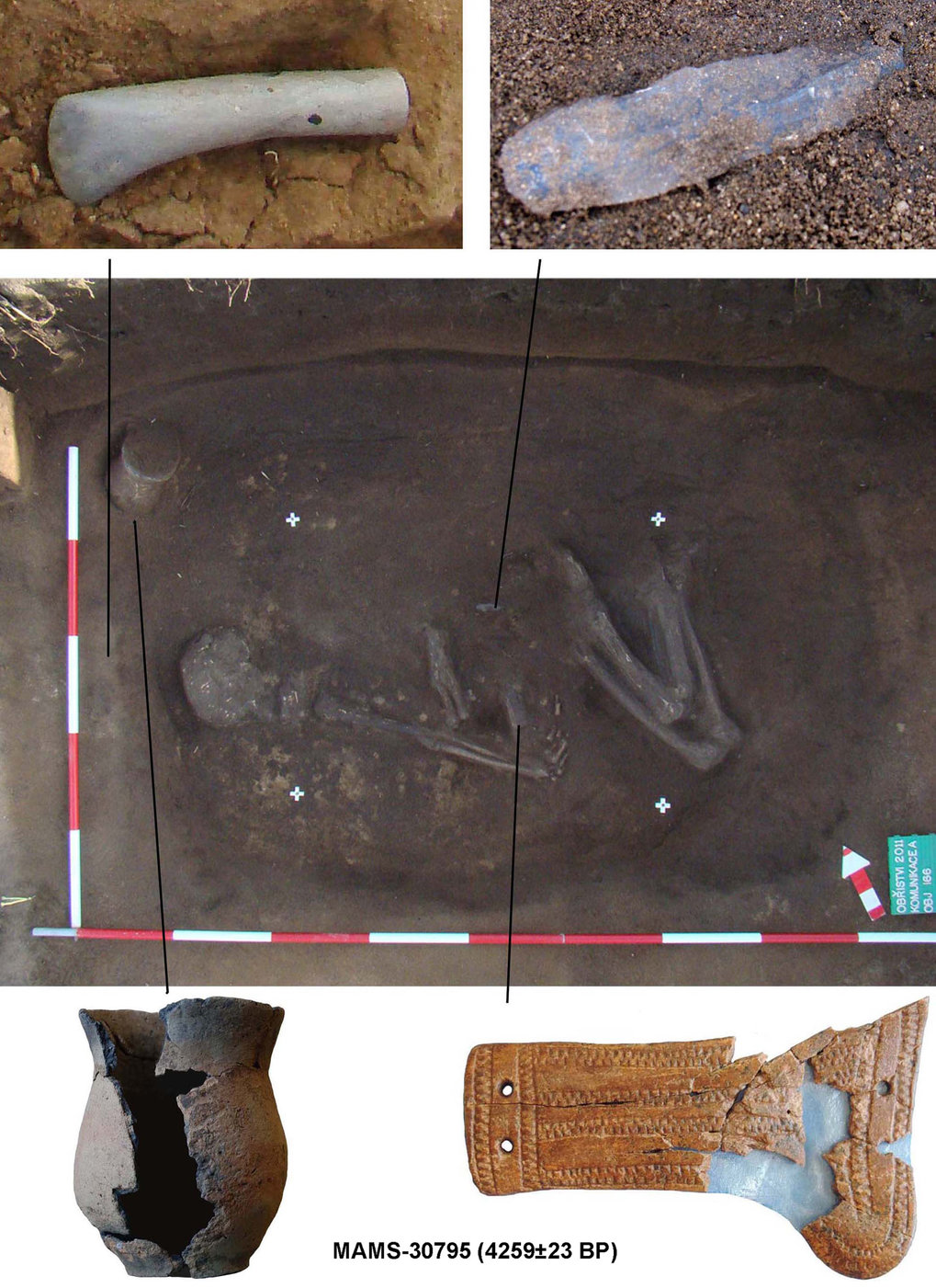 Eine Collage aus Abbildungen verschiedener Grabbeilagen in einem der ältesten Gräber der schnurkeramischen Kultur.