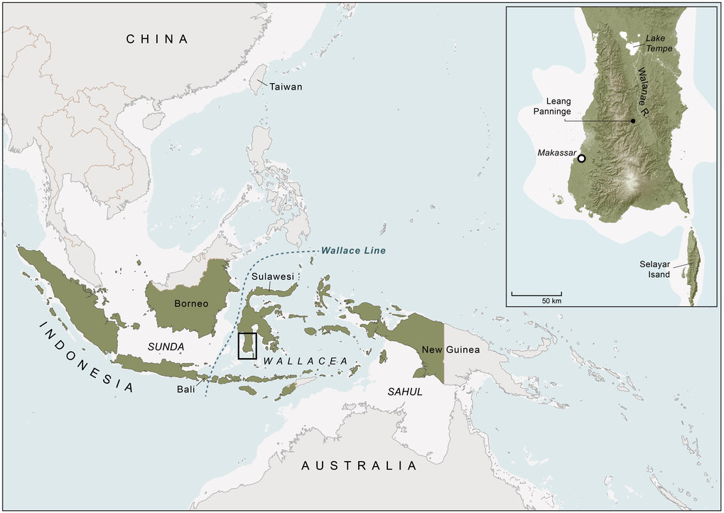 Die Karte von Südostasien zeigt das Gebiet Wallacea sowie die Insel Sulawesi, vergrößert der südliche Inselteil mit der Höhle Leang Panninge 