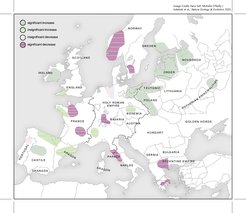 Vom BDP ermittelte regionale Szenarien der demografischen Auswirkungen der Pest. Die Farben spiegeln die Veränderungen in den Getreidepollenindikatoren im Hundertjahresmaßstab wider. Hintergrundkarte mit den politischen Grenzen des Europas des 14. Jahrhunderts.