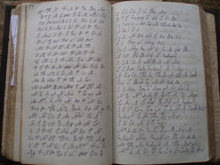 Traditional Eskaya literature from the notebook of Alberta Galambao. The left-hand page is in Visayan (the major language of Bohol) and the right-hand page in Eskayan
