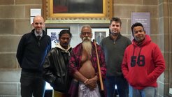 Repatriation of ancestral Wanniyalaeto remains at a ceremony hosted by the University of Edinburgh. Pictured, left to right: Prof. Thomas Gillingwater, University of Edinburgh; Heenbanda Uruwarige and Chief Uruwarige of the Wanniyalaeto; Dr. Patrick Roberts and Mr. Oshan Wedage, Department of Archaeology, Max Planck Institute for the Science of Human History
