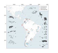 Map of the Americas showing most important LP-EH archaeological, rock and portable art, and palaeontological sites where LP-EH megafauna has been documented or portrayed