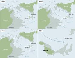 Bathymetric mapping of the Central Mediterranean showing the coastal configuration of the Maltese Islands and dis/connections with Sicily at -120m, -100m, and -90m drops in sea level, providing controlled conditions for periods of faunal exchange and isolation