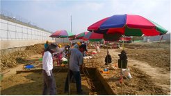 Excavation work at the archaeological site Sanbaopi 5 (Tainan City, SW Taiwan) in Summer 2019. Sanbaopi is one of more than 80 sites discovered in the Tainan Science Park, making it the largest contiguous archaeological site complex in Taiwan.