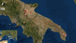 Spatial distribution of medieval sites from the historical region of Capitanata (border division in black) and southern Italy mentioned in the paper: (A) Tertiveri; (B) Montecorvino; (C) San Lorenzo in Carminiano; (D) Apigliano; (E) Quattro Macine; (F) Franciscan Friary in Montella; (G) Crepacore Castle; (H) Lucera. With a black font, sites for which new isotopic data is presented.