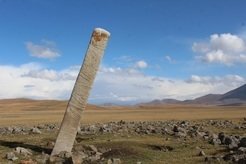Figure 2. “Deer stone” stela in Bayankhongor province, central Mongolia, surrounded by small stone mounds containing domestic horse remains.
