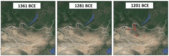 <p>Figure 4. Distribution of domestic horse remains from deer stones and <em>khirigsuurs </em>across time, showing rapid spread of horse ritual across Mongolia ca. 1200 BCE. The diameter of each red circle indicates the proportion of modeled likelihood for each date within the time slice.</p>