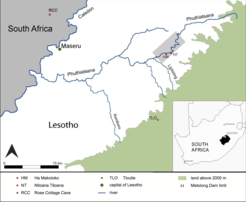 Map of Lesotho with the sites of Ha Makotoko and Ntloana Tsana sampled by Roberts et al. 2013
