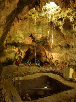 Excavations in Kuumbi Cave, Zanzibar, Tanzania. Avian remains recovered at this site that were originally identified morphologically as domestic chicken were proven to in fact be native guinea fowl when analyzed with ZooMS, exemplifying the importance of using multiple types of analysis.