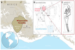 Overview of Teposcolula-Yucundaa, showing its location in the Mixteca Alta region of Oaxaca, Mexico (A), and its central administrative area (B), where excavations took place. (C) shows a drawing of individual 35, from which an S. enterica genome was isolated.