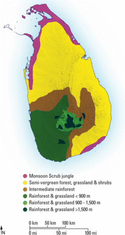 Map showing the vegetation zones of Sri Lanka after Erdelen (1988) and Roberts et al. (2015a).