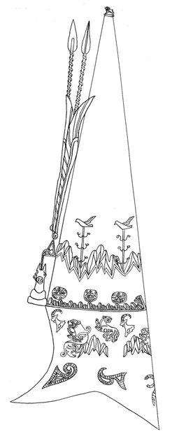 Drawing of the hat of the Golden Man depicting plants growing in mountain valleys.