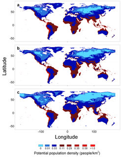 Predictions of potential population density for foragers at (a) 4,000 YBP, (b) 10,000 YBP, and (c) 21,000 YBP. Blue hues depict potential population densities below the median population density of observed foraging societies and red hues depict potential population densities above the median.