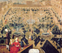 In der vorderen Ebene dieser Bildkomposition steht eine Familie auf dem Dach des Klosters Santa Isabel (dem heutigen Palast der schönen Künste) in Mexiko-Stadt, gemalt im 18. Jahrhundert (Künstler unbekannt).